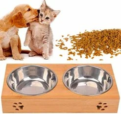 Zadian Double Cat Bowl En Acier Inoxydable Bamboo Cat Bowl Cat Bowl Dog And Cat Bowl (l)