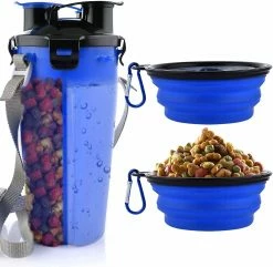 Yuzee Dog Water Bottle With 2 Collapsible Bowls Portable 2-in-1 Water Bottle And Food For Dog And Cat, (blue)