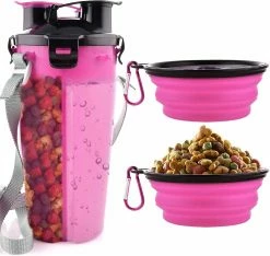 Yuzee Dog Water Bottle With 2 Collapsible Bowls Portable 2-in-1 Water Bottle And Food For Dog And Cat, (pink)