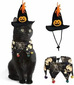 Unbranded Pet Halloween Costumes, 2 Piece Dog Cat Bandana Neck With Bells Wizard Hat Adjustable Pet Cosplay Halloween Party Pet Costume