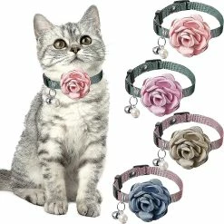 Unbranded 4 Pièces Pet Rose Cat Collier Dog Flower Nylon Collier Réglable Avec Cloche Et Perle Pet