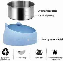LetsGO Pet Bowl Chaton Cat Bowl Oblique Bouche Dog Bowl Acier Inoxydable Food Feeder Water 15 Degree Tilt Animals 400ml Bleu